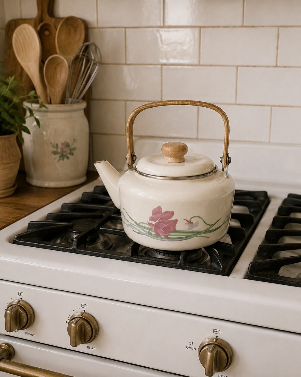 Vintage 1980s Wooden Handle Floral Kettle Enamel Teapot